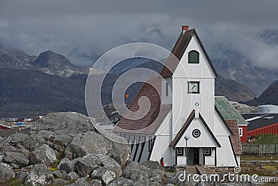 Architecture and colorfull houses in small town of Nanortalik in Greenland together with his wild and unspoiled beauty, leave a no Editorial Stock Photo