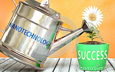 Nanotechnology helps achieve success - pictured as word Nanotechnology on a watering can to show that it makes success to grow and Cartoon Illustration