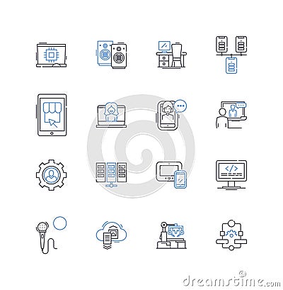 Nanotechnology research line icons collection. Nanoparticles, Synthesis, Nanorobotics, Quantum, Miniature, Hybrid Vector Illustration