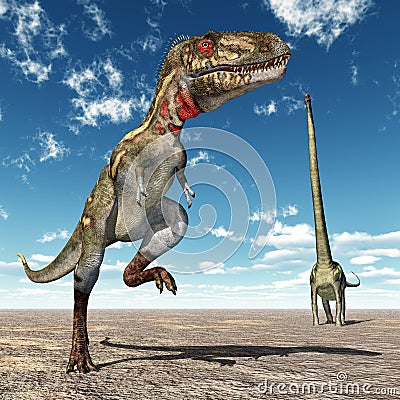 Nanotyrannus and Mamenchisaurus Cartoon Illustration