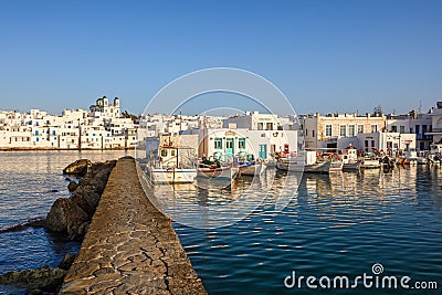 Naoussa harbor with traditional Greek houses Stock Photo