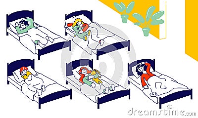 Nap Time in Kindergarten. Group of Little Girls and Boys Sleeping in Beds Hugging Toys. Preschool Dream Time Vector Illustration