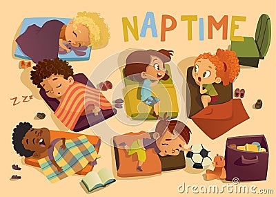 Nap time in the kindergarten. Group of multiracial girls and boys have a nip time at a colorfill nap mats. Preschool Vector Illustration