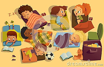 Nap time in the kindergarten. Group of multiracial girls and boys have a nip time at a colorfill nap mats. Preschool Vector Illustration