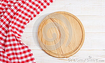 Napkin and board for pizza on wooden desk closeup, tablecloth. Canvas, dish towels on white wooden table background top view mock Stock Photo