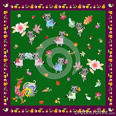 Napkin, handkerchief or pillowcase for baby with cute cartoon characters and unusual frame from fruits. Rooster and funny raccoons Vector Illustration