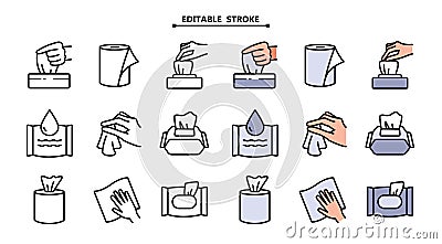 Napkin icons. Tissue paper box icons. Editable stroke. UI UX user interface web button. Textile towel, wet and paper napkins icons Vector Illustration