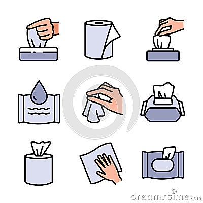 Napkin icons. Tissue paper box icons. UI UX user interface web button. Textile towel, wet and paper napkins icons set Cartoon Illustration