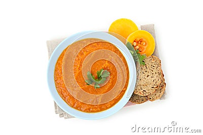 Napkin with pumpkin puree, bread and pumpkin slices isolated on white Stock Photo