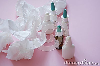 napkins and cures for a cold on a pink background Stock Photo