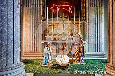 Naples Campania Italy. Nativity scene inside Basilica reale pontificia di San Francesco di Paola in Piazza Plebiscito Editorial Stock Photo