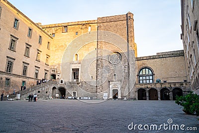 Naples, Italy - 30.10.2019: Courtyard of The medieval castle of Maschio Angioino or Castel Nuovo New Castle, Naples, Italy. Editorial Stock Photo