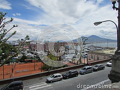 Naples, Italy, view of the Gulf of Naples. Yachts, ships on the other side of Mount Vesuvius. Editorial Stock Photo