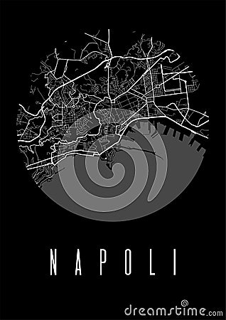 Naples map vector black poster. Round circular view, street map of Naples city illustration Vector Illustration