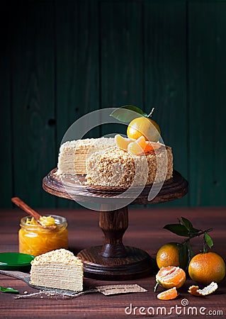 Napoleon cake with tangerine jam Stock Photo