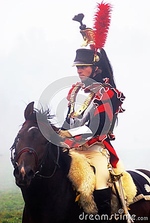Napoleonic war soldier - reenactor rides a horse Editorial Stock Photo