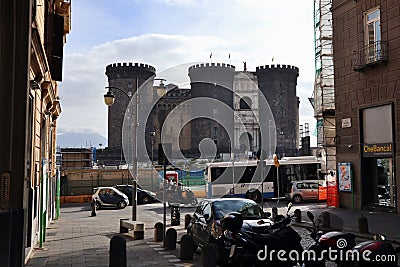 Napoli - Castel Nuovo da via Santa Brigida Editorial Stock Photo