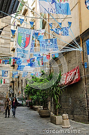 Napoli Football Club flags in Central Naples Editorial Stock Photo