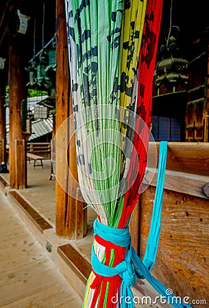 Nara, Japan - July 26, 2017: Close up of colorful curtains in the hall of Nigatsu-do, Todai-ji temple, Nara Editorial Stock Photo