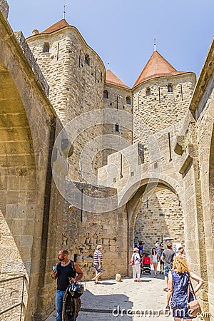 Narbonne Gate (1280) fortress of Carcassonne, France. UNESCO List Editorial Stock Photo