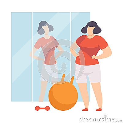 Narcissistic Woman Character Looking at Mirror and Seeing in Reflection Slim Beautiful Woman, Girl Overestimate Herself Vector Illustration