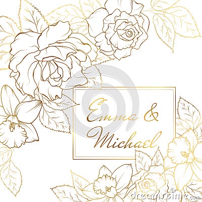 Narcissus daffodil rose flowers corner frame decoration. Wedding marriage event invitation card template. Vector Illustration