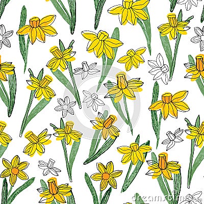 Narcissus daffodils seamless spring floral pattern. Bright yellow flowers foliage garland on white background. Hand Vector Illustration