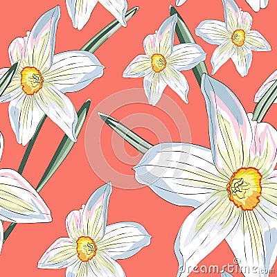 Narcissus daffodils seamless spring floral pattern. Vector Yellow and white illustration. Cartoon Illustration