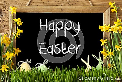Narcissus, Egg, Bunny, Text Happy Easter Stock Photo