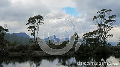 The narcissus river at the end of the overland track on a rainy stormy day Stock Photo