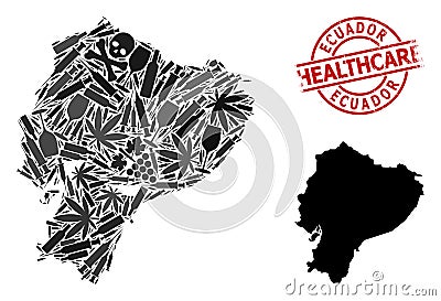 Narcotic Collage Map of Ecuador and Watermark Healthcare Watermark Vector Illustration