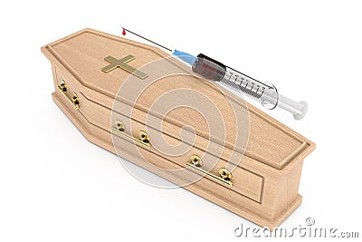 Narcotic Drugs Syringe near Wooden Coffin With Golden Cross and Handles. 3d Rendering Stock Photo