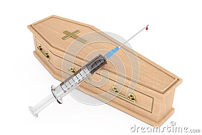 Narcotic Drugs Syringe near Wooden Coffin With Golden Cross and Handles. 3d Rendering Stock Photo
