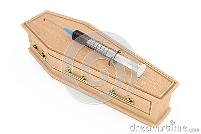 Narcotic Drugs Syringe over Wooden Coffin With Golden Handles. 3d Rendering Stock Photo