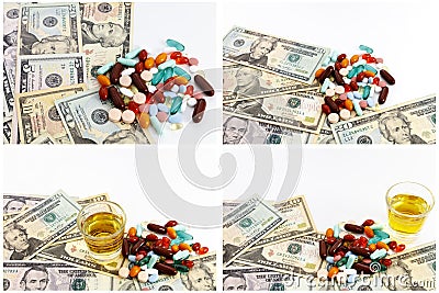 Narcotics pills drugs medicine cash alcohol booze Stock Photo