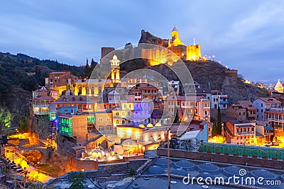 Narikala and Abanotubani at night, Tbilisi, Georgia Stock Photo