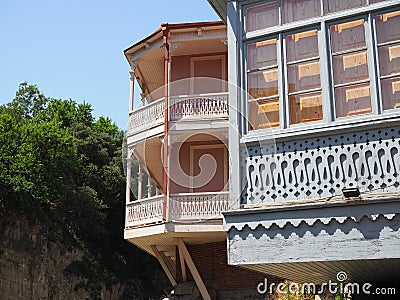 Narikala, Jumah Mosque, Sulphur Baths and famous colorful balconies in old historic district Abanotubani, Tbilisi, Georgia Stock Photo