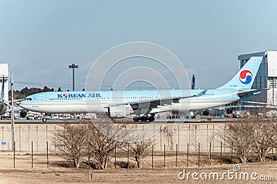 NARITA - JAPAN, JANUARY 25, 2017: HL7586 Airbus A330 Korean Air Ready to take off in International Narita Airport, Japan. Editorial Stock Photo