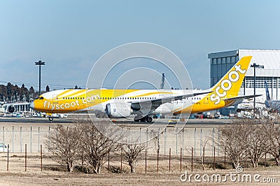 NARITA - JAPAN, JANUARY 25, 2017: 9V-OFE Boeing 787 Dreamliner Scoot Ready to take off in International Narita Airport, Japan. Editorial Stock Photo