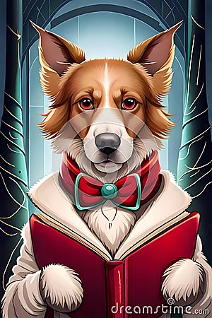 Narrator - Fairytale magic dog with opened book Cartoon Illustration