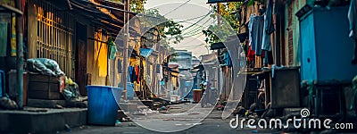 narrow alley in a densely populated urban neighborhood, characterized by worn buildings with hanging laundry, litter Stock Photo