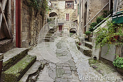 Narrow cobbled streets in the old village , France Stock Photo