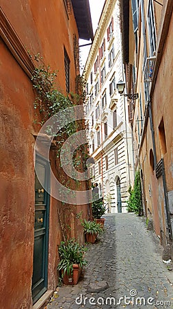 Narrow cobblestone alleyway, Trastevere, Rome, Italy Stock Photo