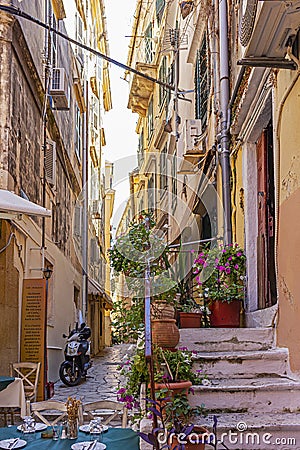 The narrow colorful and tourist streets or Corfu Town, Corfu, Greece Editorial Stock Photo