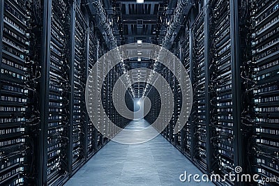 Narrow corridor in a modern data center with rows of server racks illustrating advanced computing infrastructure and secure dig Cartoon Illustration
