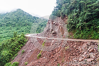 Narrow dangerous road in Yungas mountains, Boliv Stock Photo