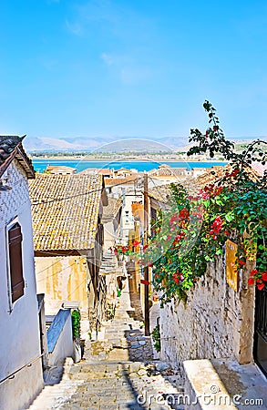 The narrow descent in old town, Nafplio, Greece Stock Photo