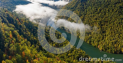 Narrow gorge of the Cheat River upstream of Coopers Rock State Park in West Virginia with fall colors Stock Photo