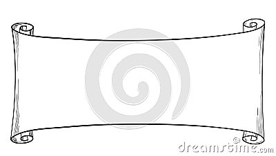 Narrow horizontal paper scroll, ancient form of a scroll with space for text, vector artline, engraving. Hand drawn Vector Illustration