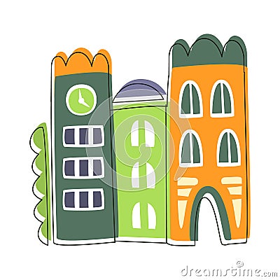 Narrow Houses Stuck To Each Other, Cute Fairy Tale City Landscape Element Outlined Cartoon Illustration Vector Illustration